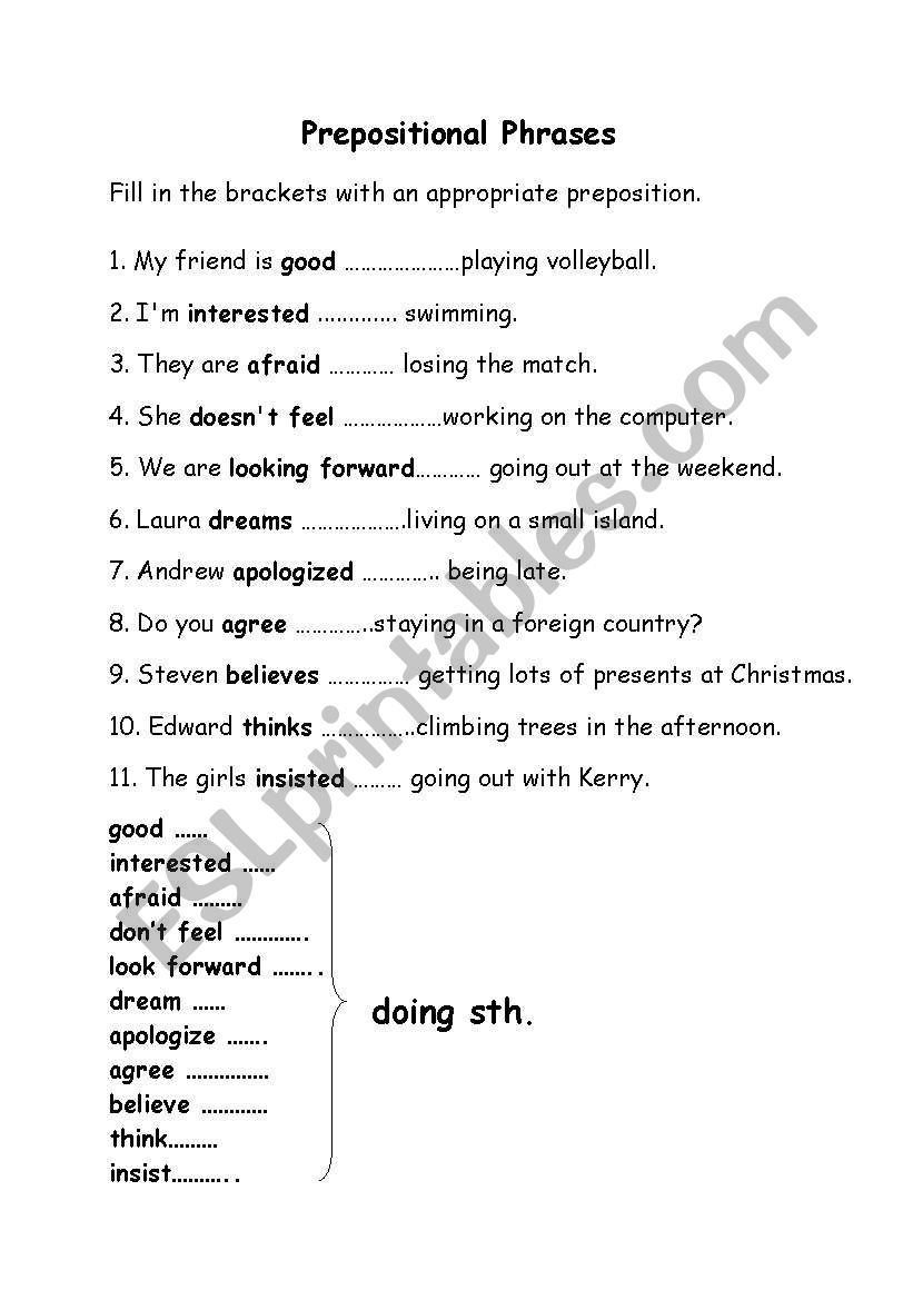 Worksheets On Prepositional Phrases