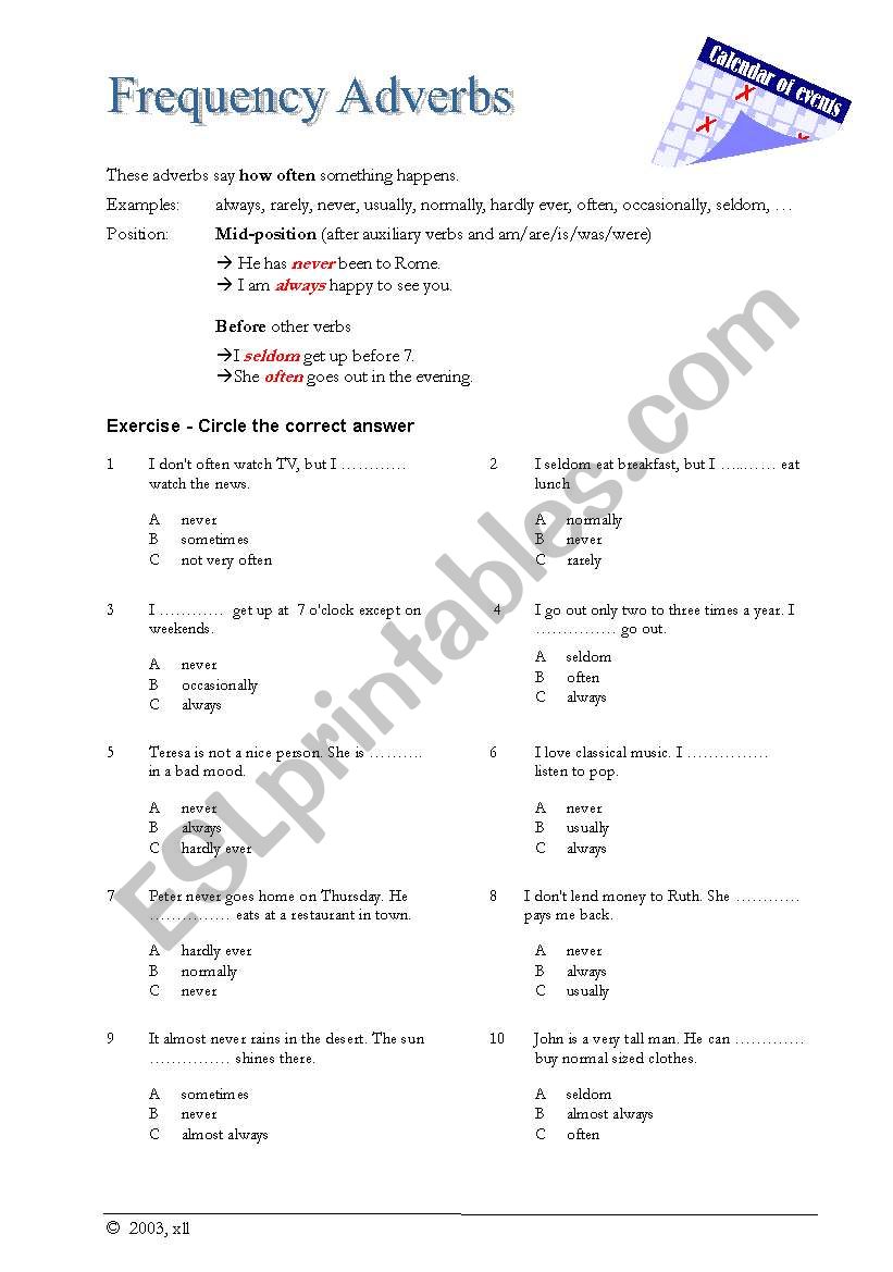 Frequency Adverbs worksheet