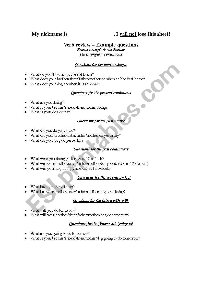 7 tense question and answer sheets