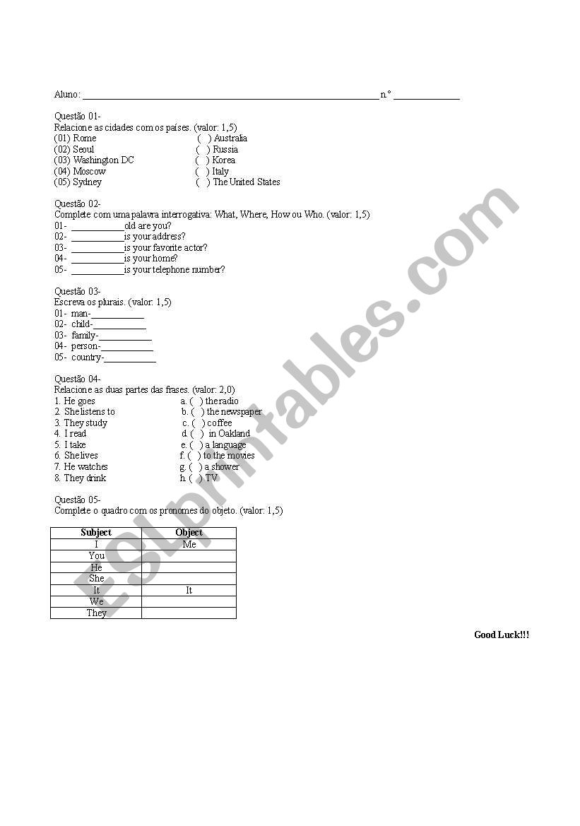 exercises worksheet