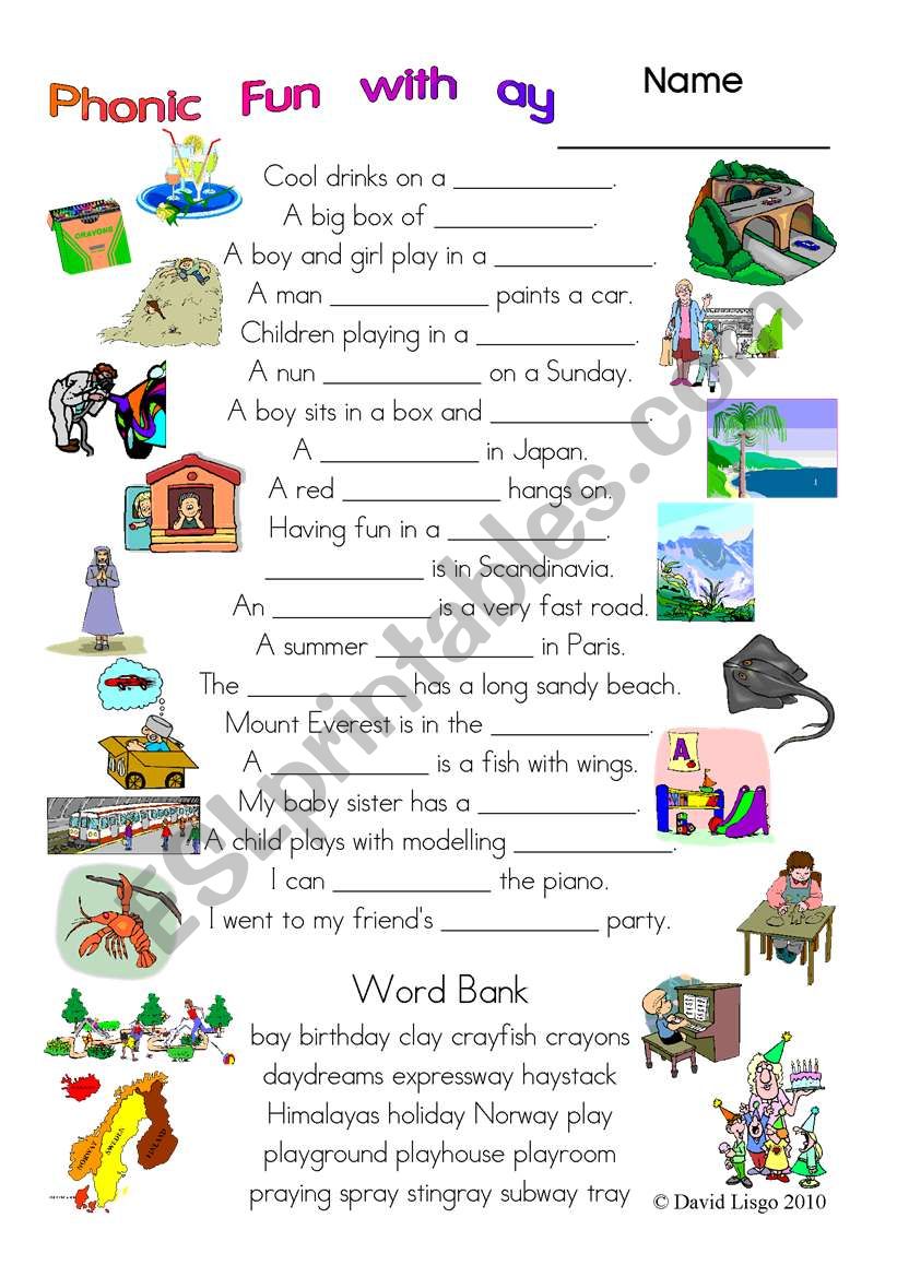 3 pages of Phonic Fun with ay: worksheet, story and key (#18)