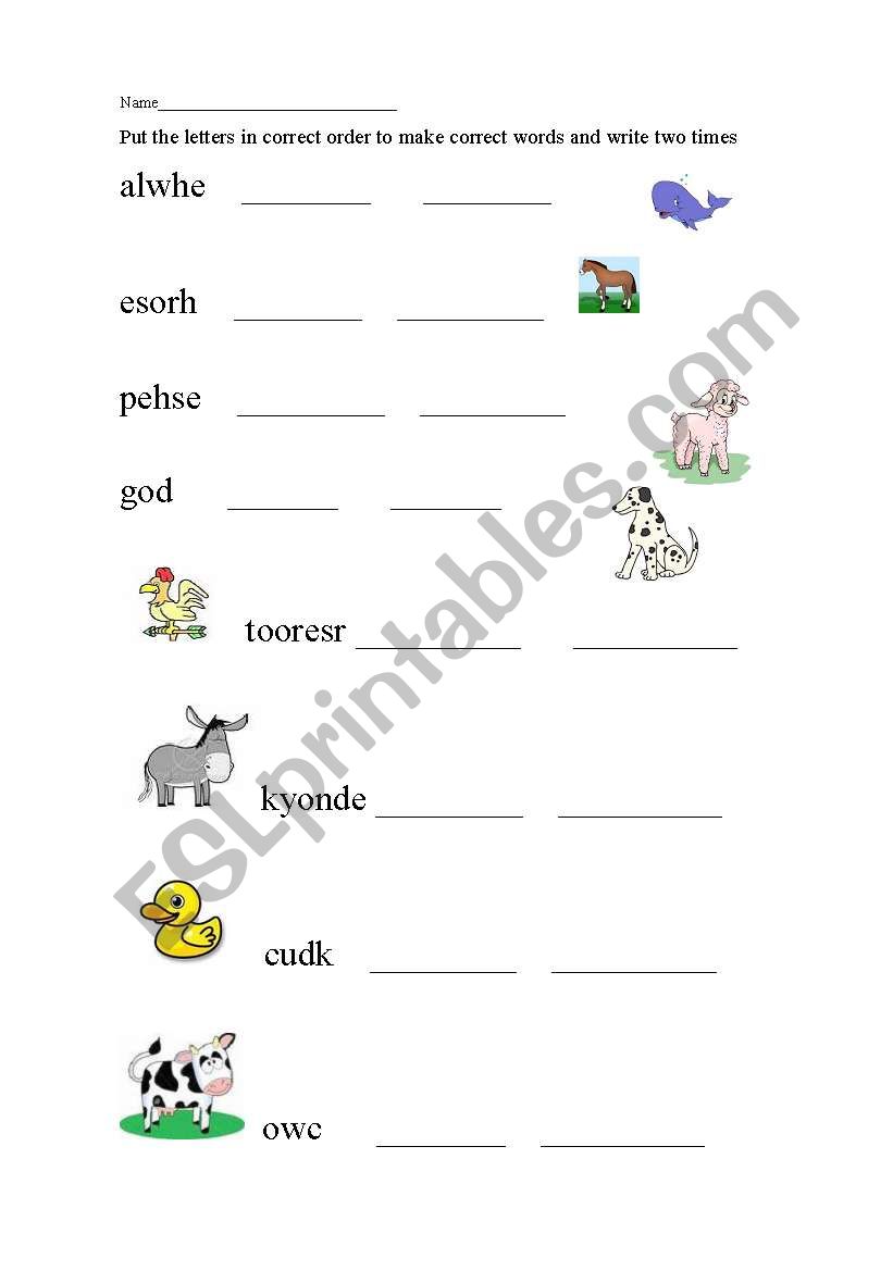 animal words scramble worksheet