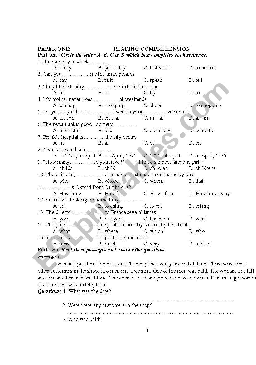 English test at pre-intermidiate level