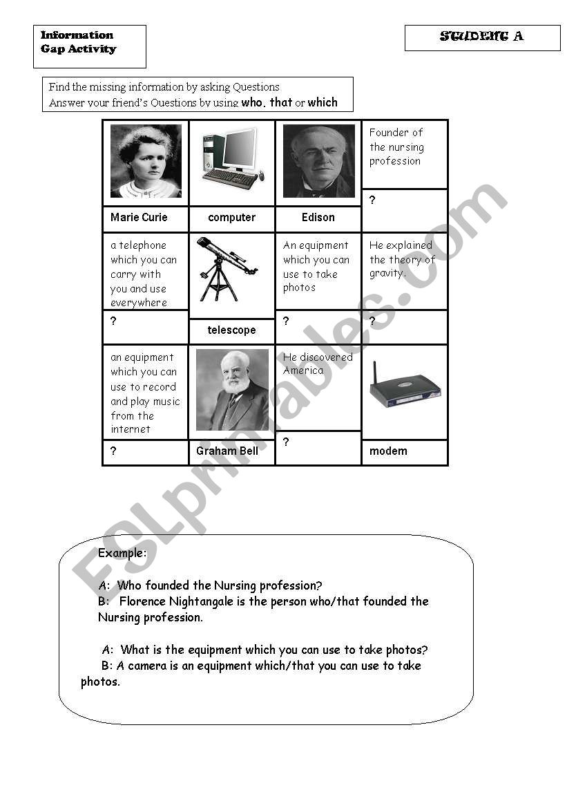 information gap/ defining relative clauses/ speaking