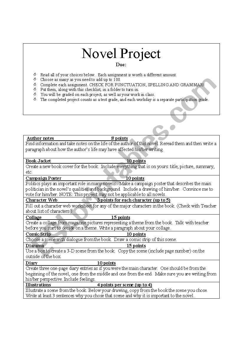 Novel Project worksheet