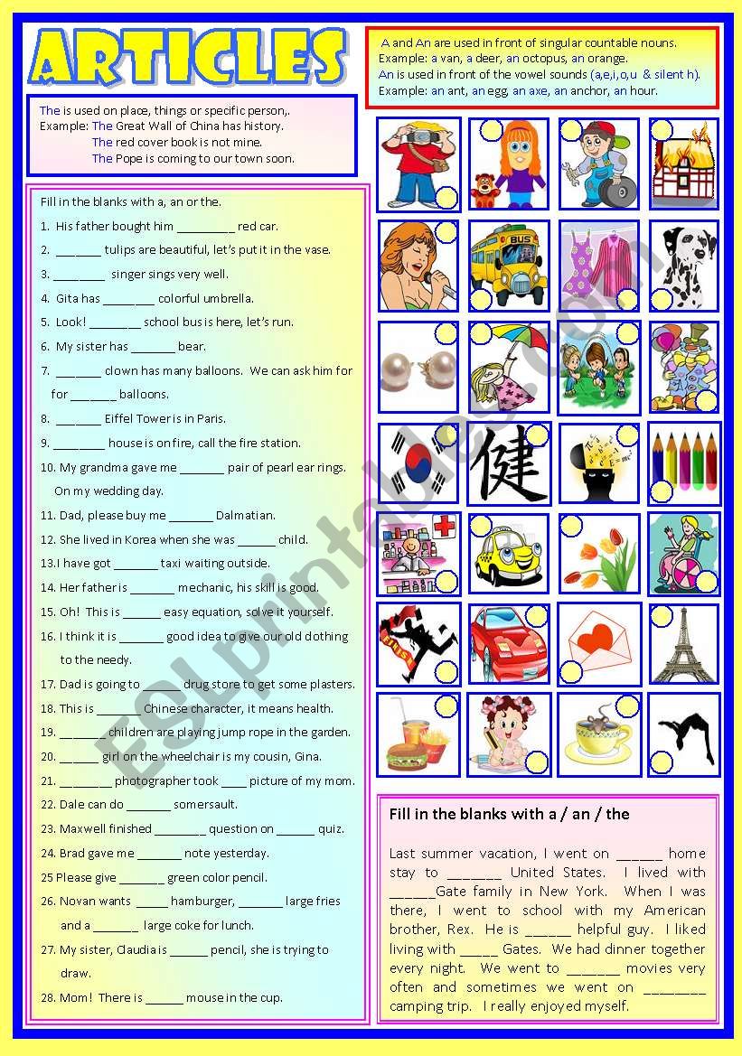 Articles worksheet