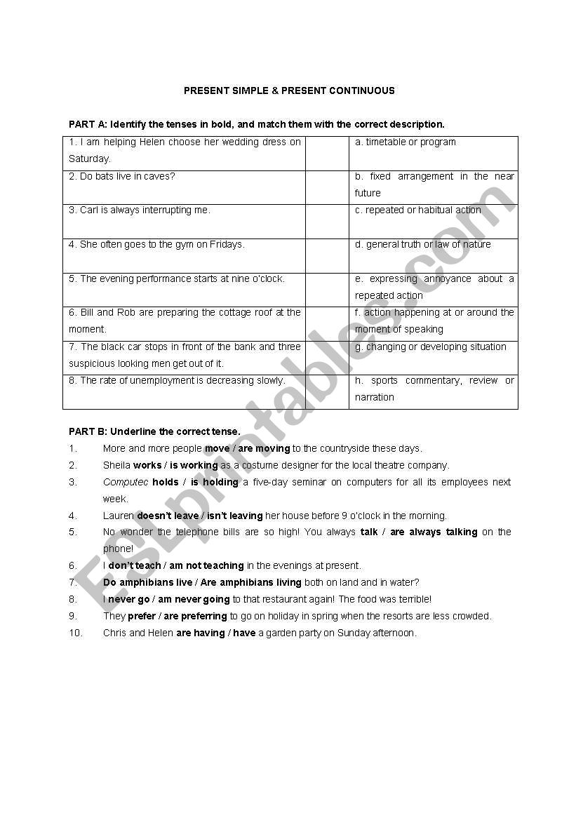 Simple or Continous worksheet