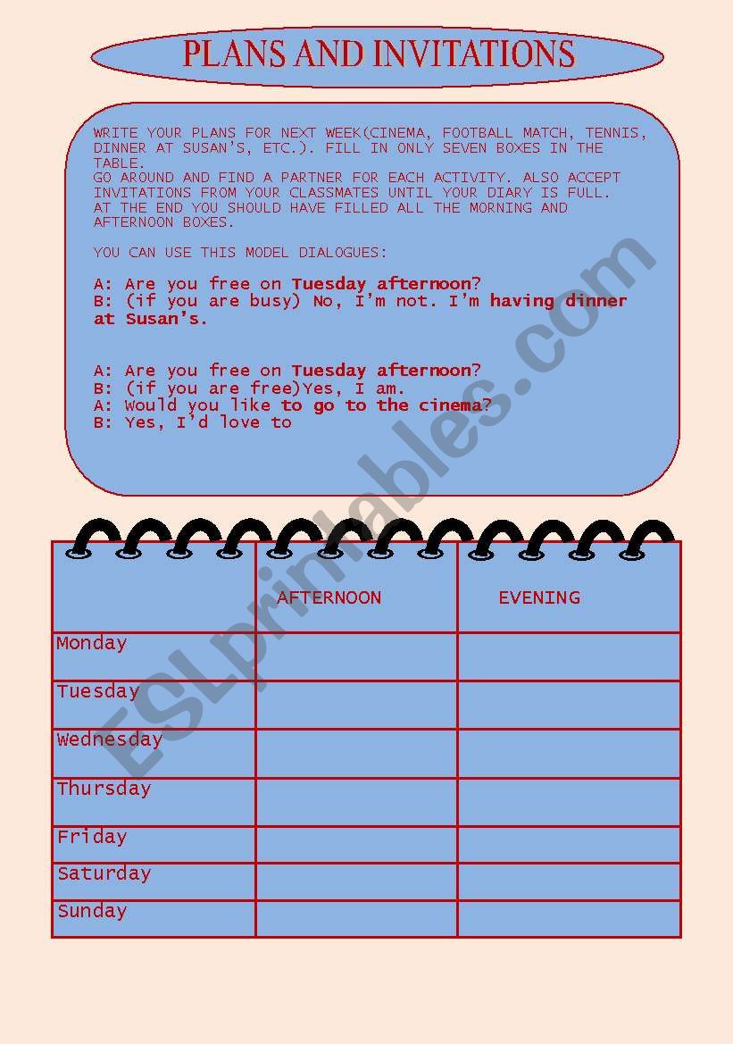 PLANS AND INVITATIONS worksheet