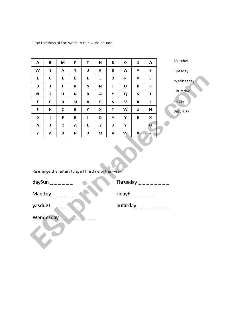 Days of the week word search worksheet