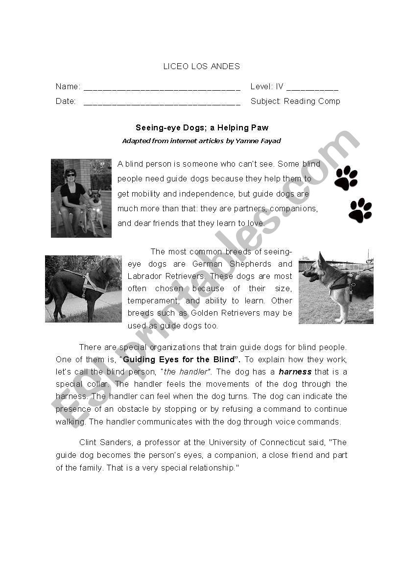 Seeing-dogs; a Helping Paw worksheet