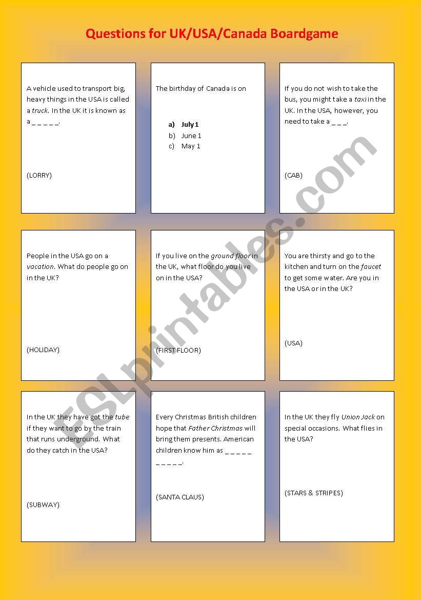 Cards for the Board Game: UK/USA/CANADA Smileys