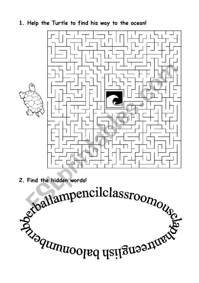 Maze and word search worksheet