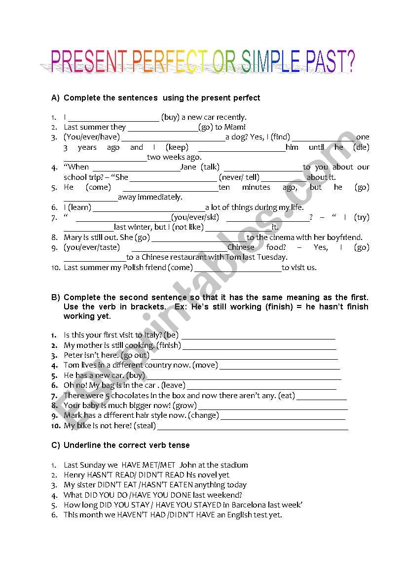PRESENT PERFECT / SIMPLE PAST - ESL worksheet by afrodite