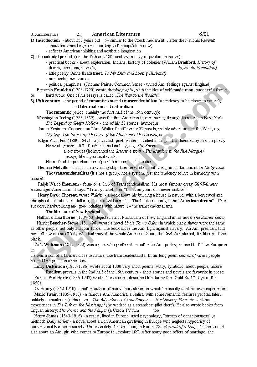 American literature worksheet