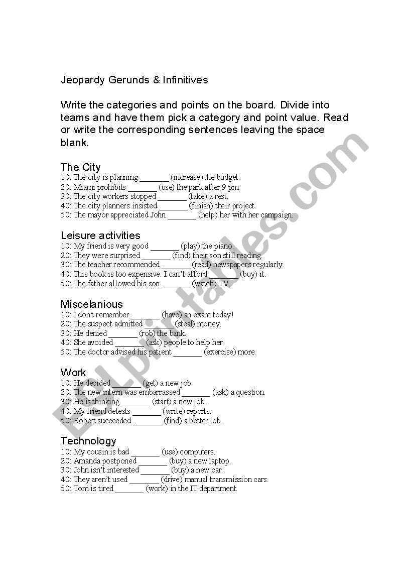 Gerund and Infinitive Jeopardy