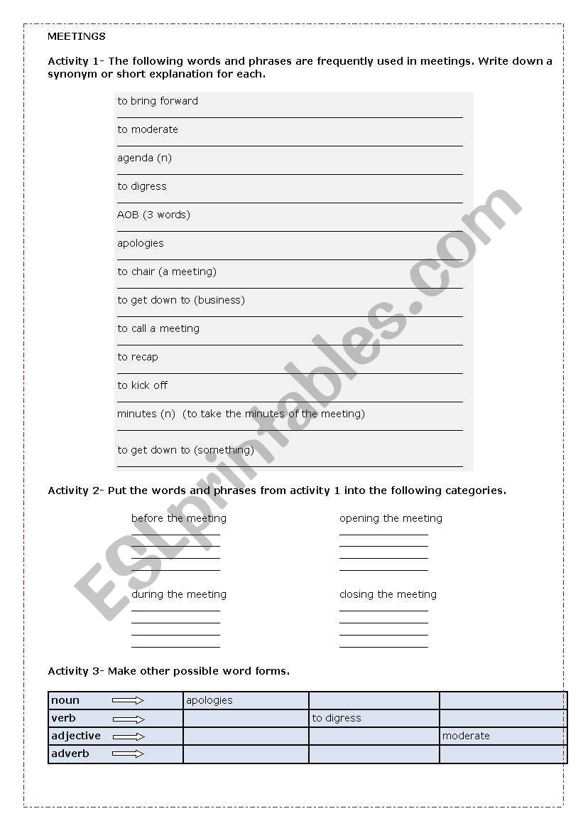 Business Meetings activities worksheet