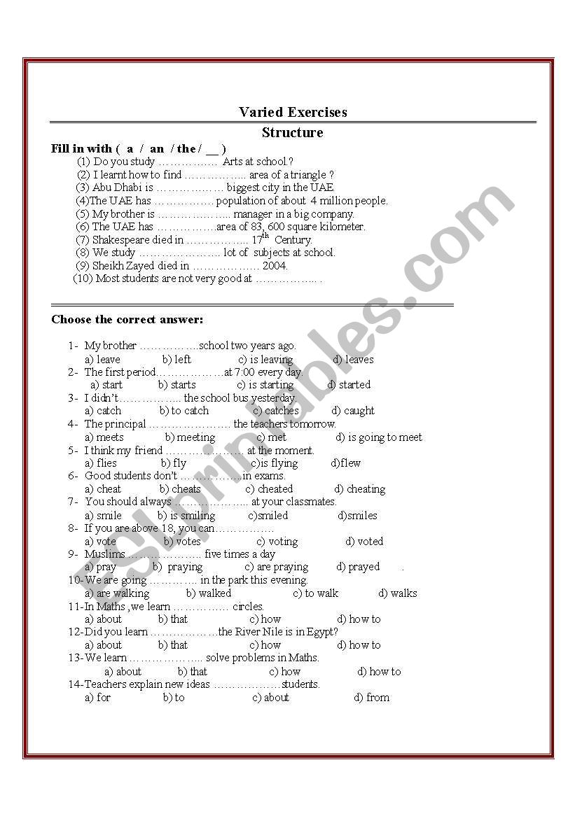 Varied exercises worksheet