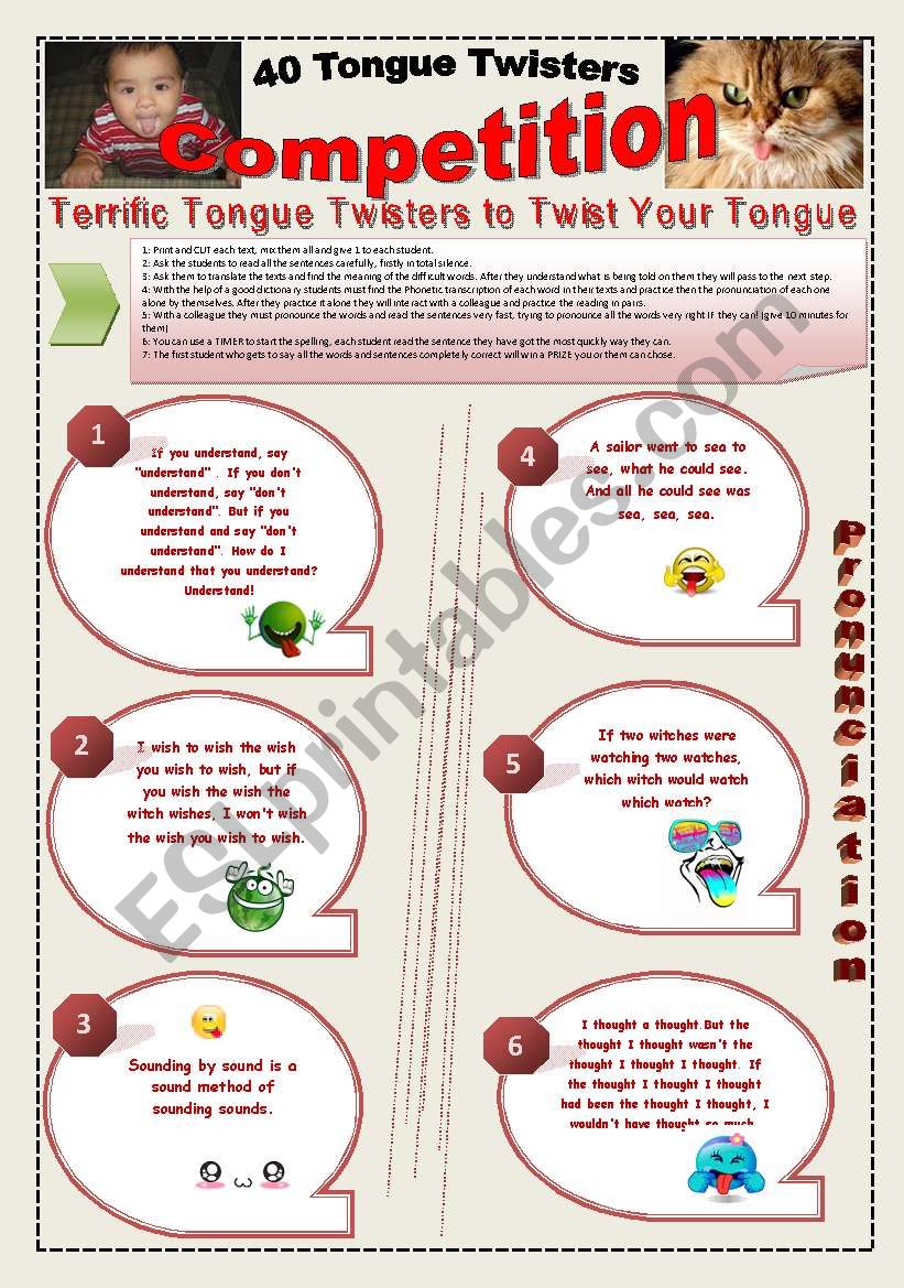 40 FUNNY TONGUE TWISTERS COMPETITION - (6 Pages) with 7 activities +  instructions about how to use them - ESL worksheet by starrr
