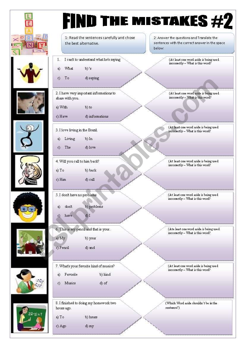 IMPROVING YOUR ENGLISH - (3 pages) FIND THE MISTAKES #2- 8 Sentences + 5 activities + answerkeys