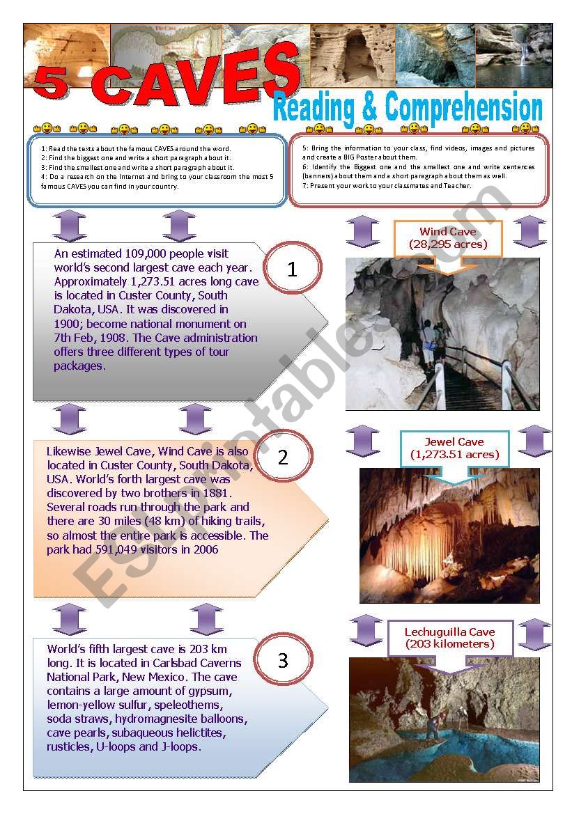 5 CAVES AROUND THE WORLD - Reading & comprehension + 5 TEXTS + 7 activities in a group research/project