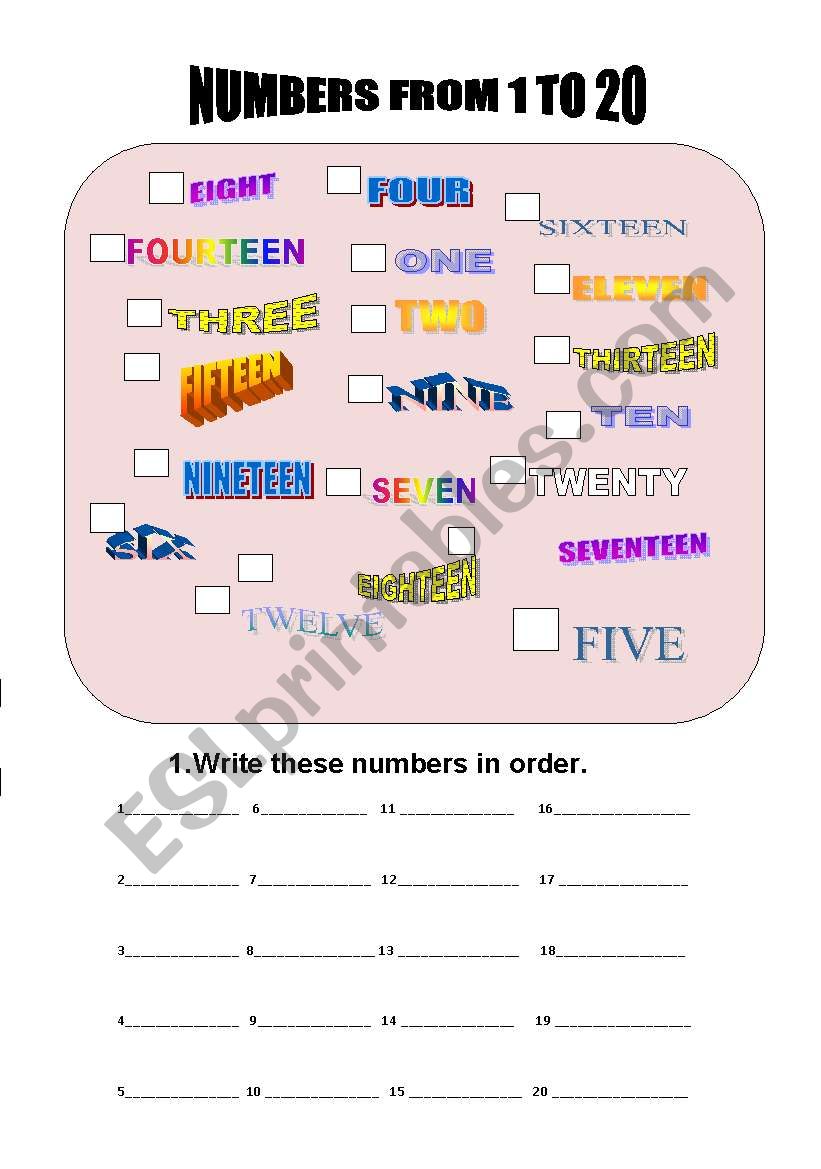 NUMBERS FROM 1 TO 20 worksheet