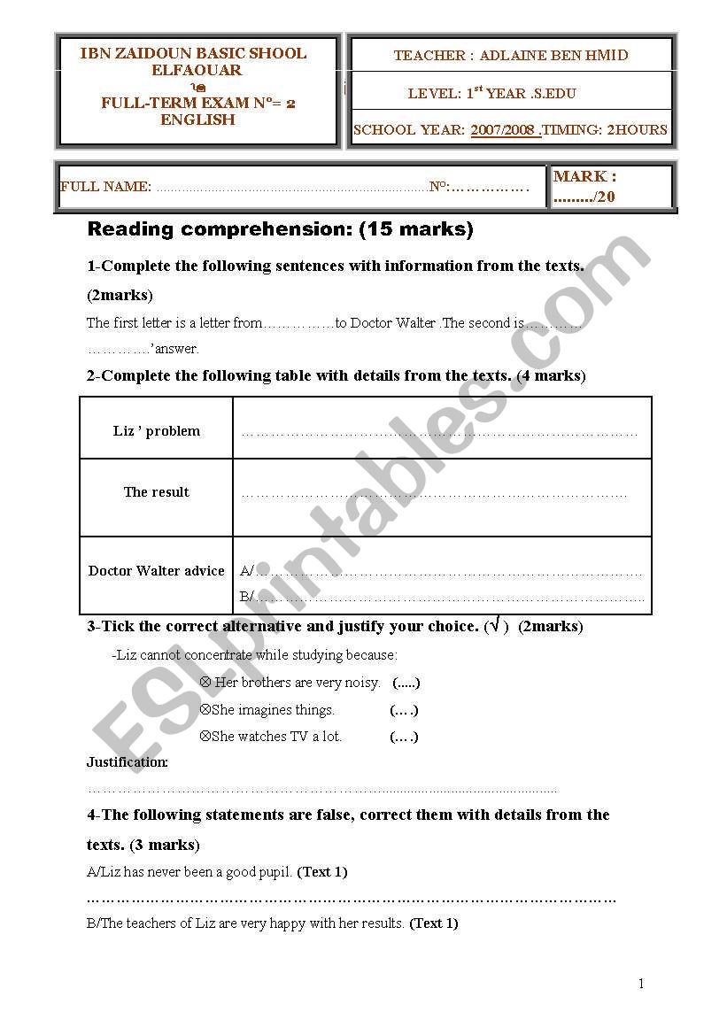 Mid-term test 2 worksheet