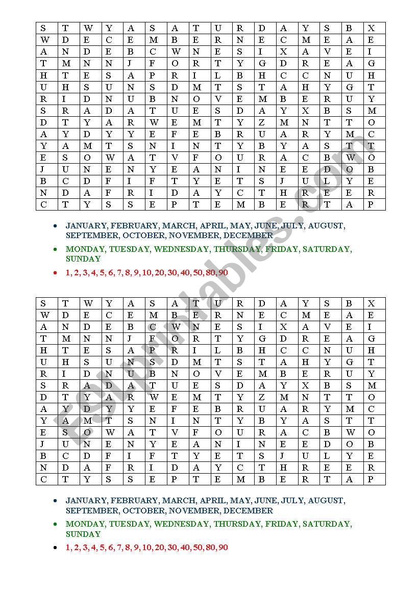 Months, days and numbers wordsearch