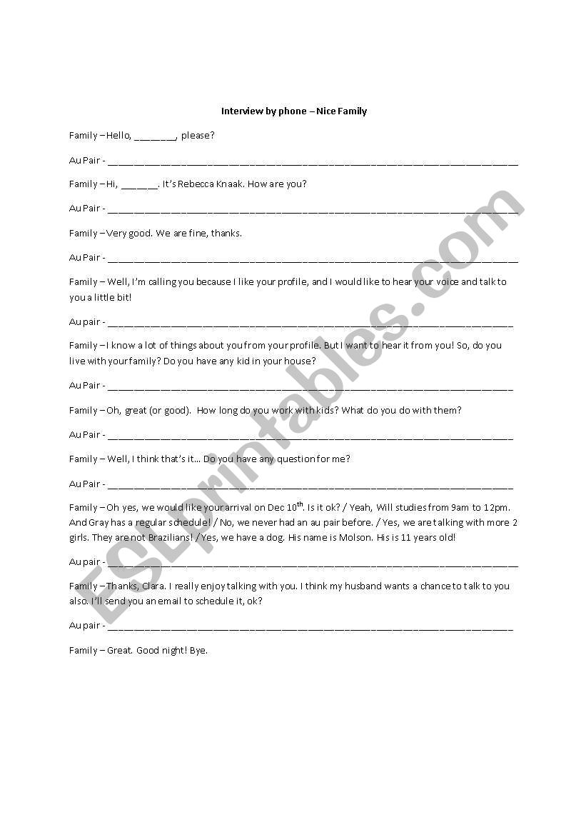 Interview by Phone worksheet