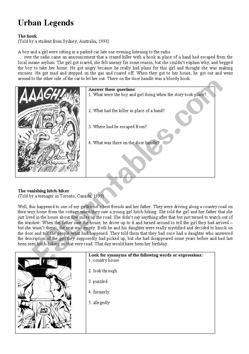 Urban legends (3 stories) worksheet