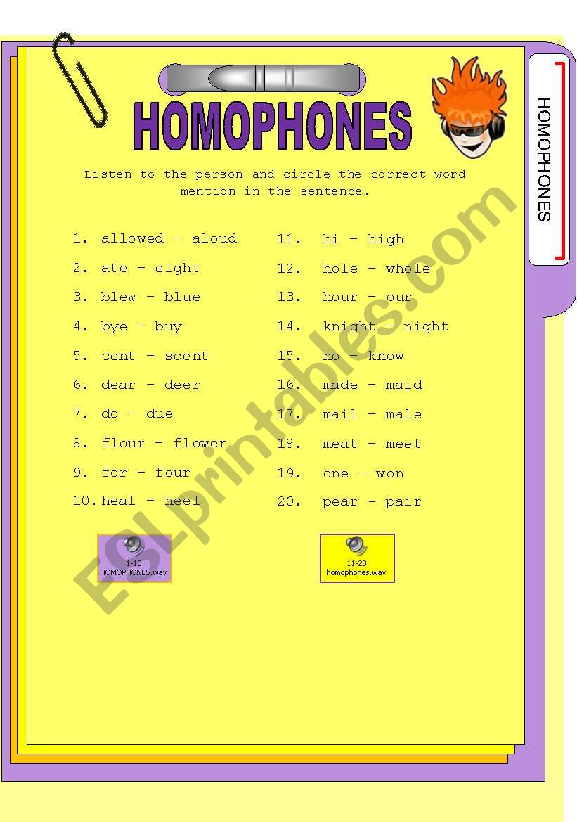 Homophones with Listening worksheet