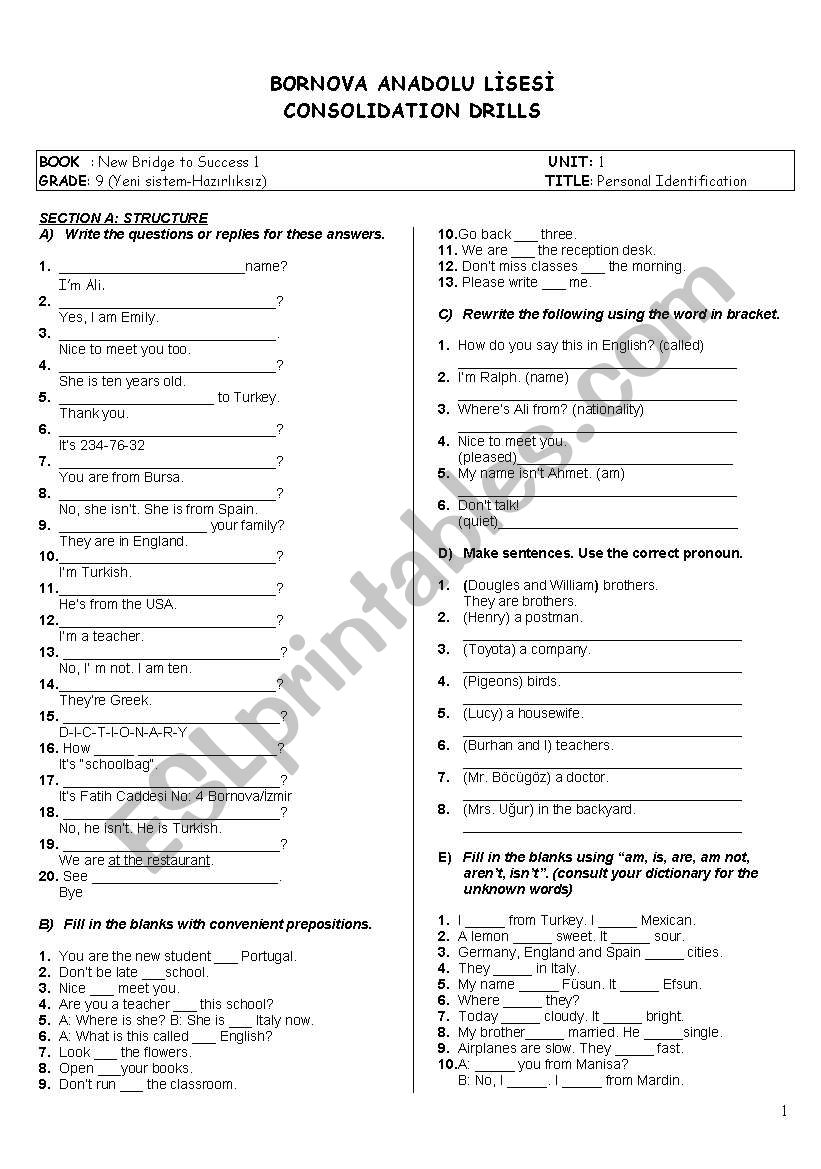 identification worksheet