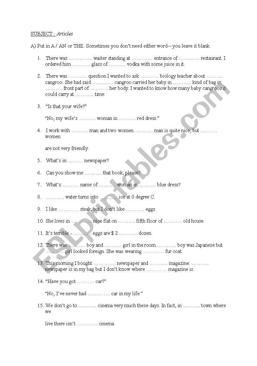 a/an/the worksheet