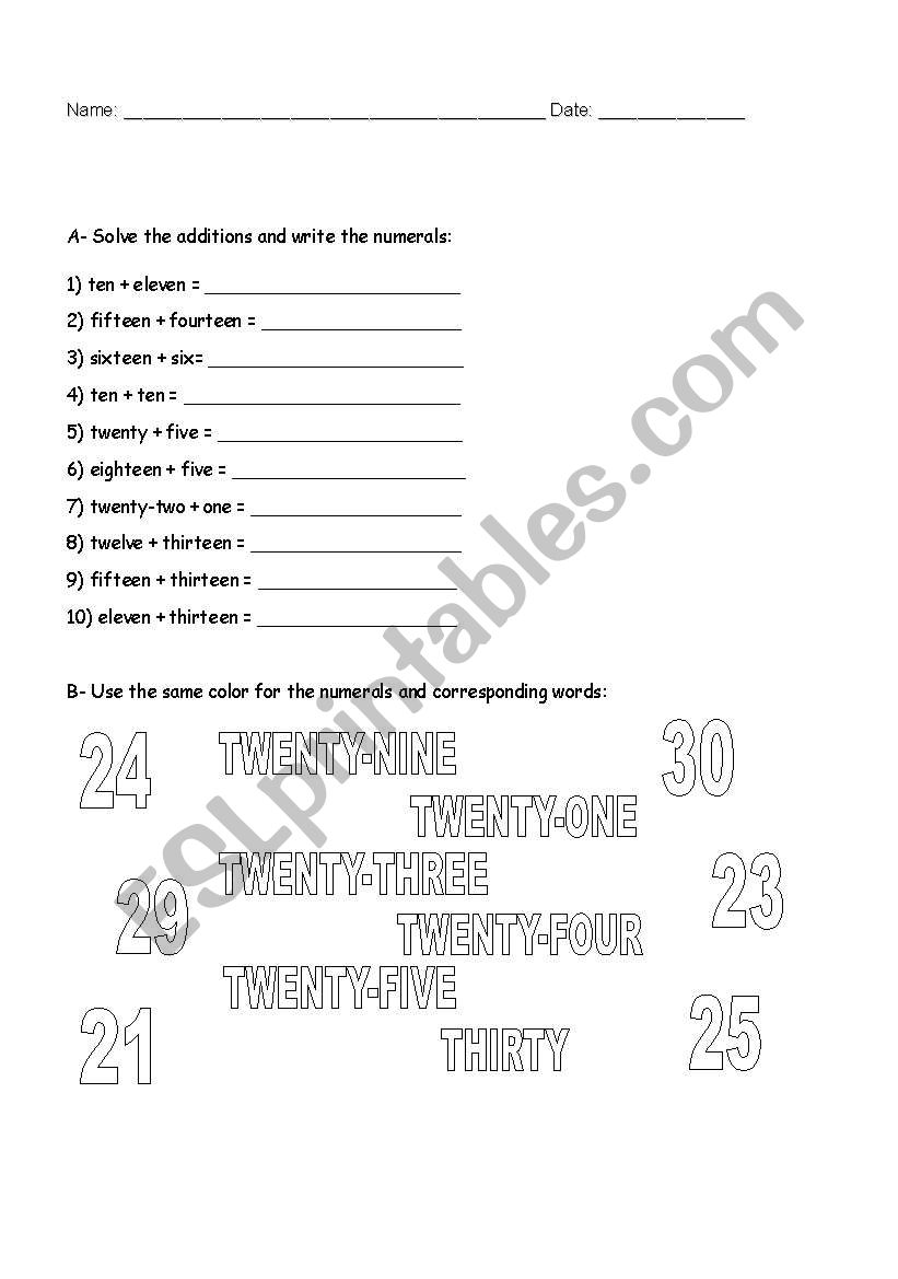 Numbers 20-30 worksheet