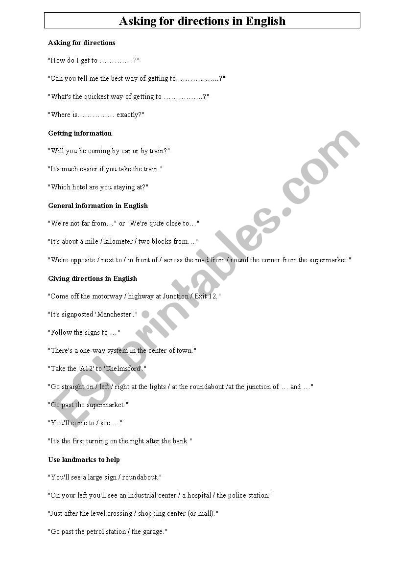 Asking for direction worksheet