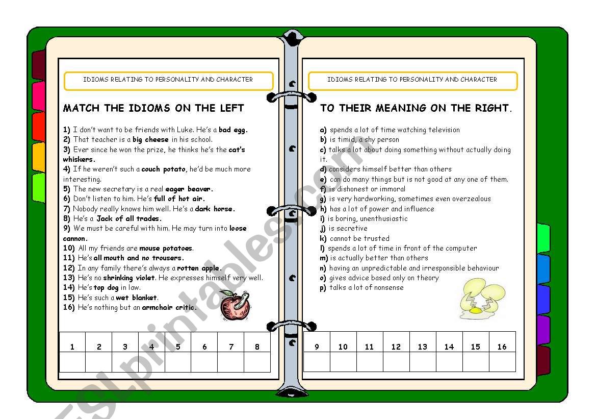 IDIOMS RELATING TO PERSONALITY AND CHARACTER (with key)