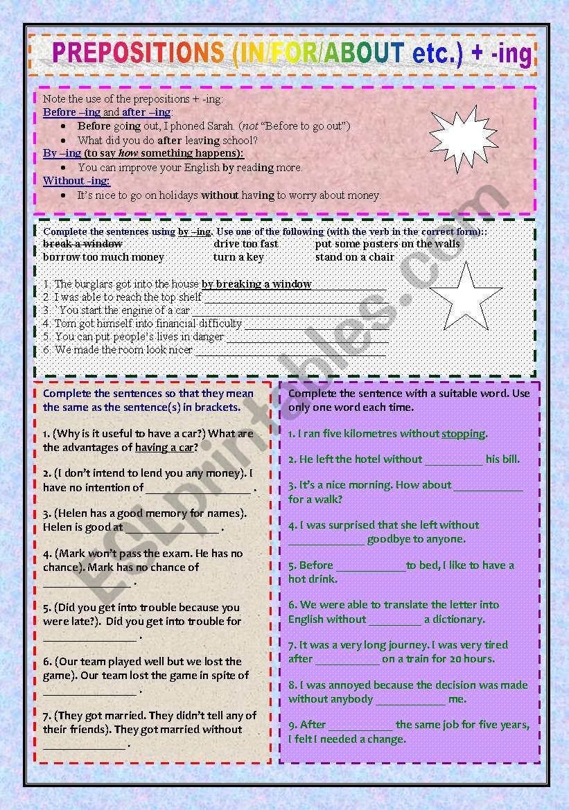 Prepositions + ing worksheet