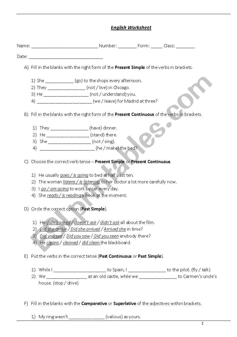 Grammar Worksheet worksheet