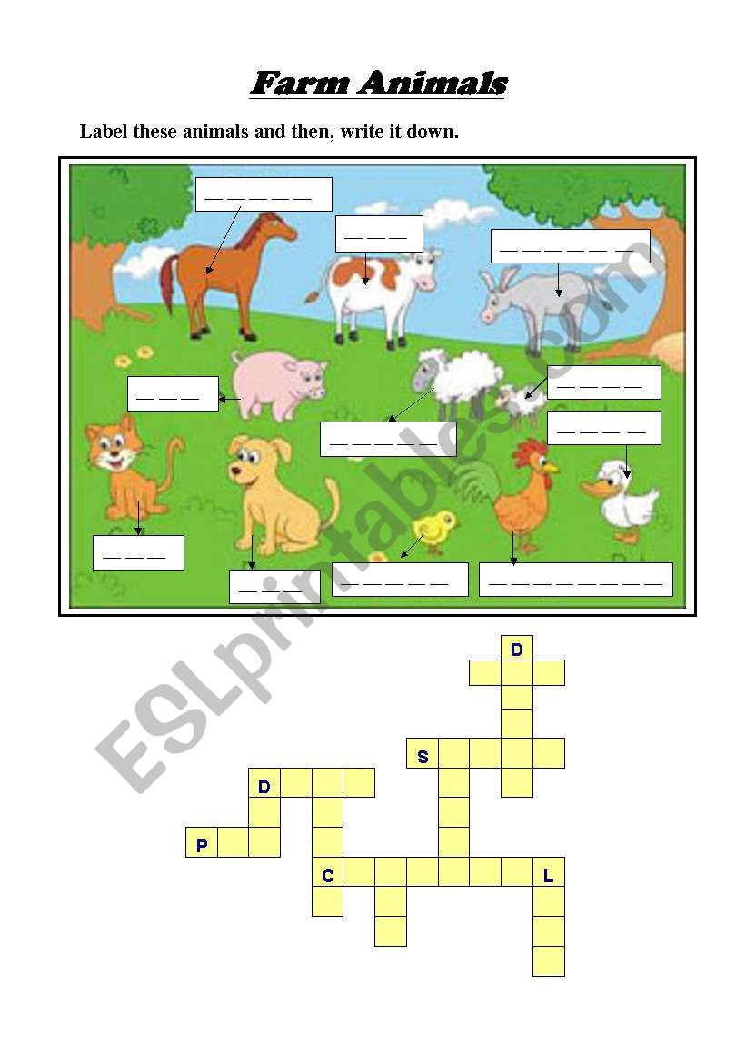 Farm animals (key included) worksheet