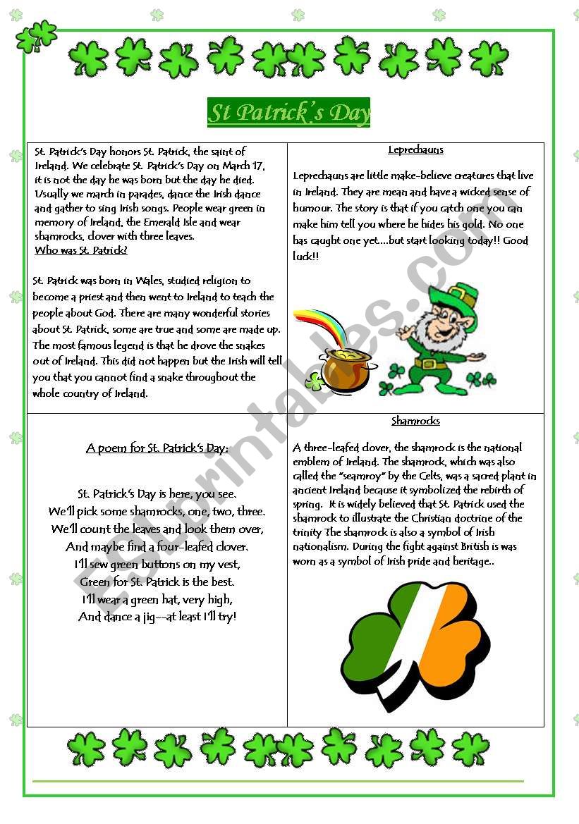 St. Patricks Day Information worksheet