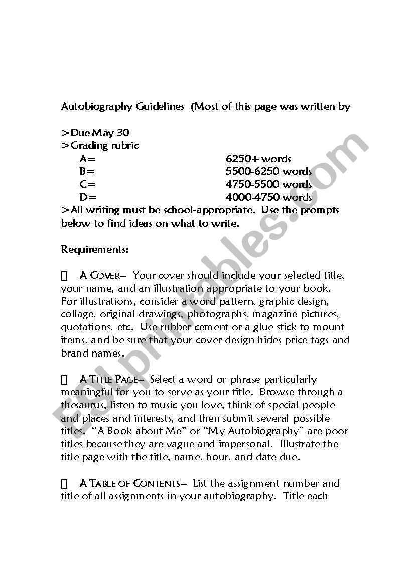 Autobiography Guidelines worksheet