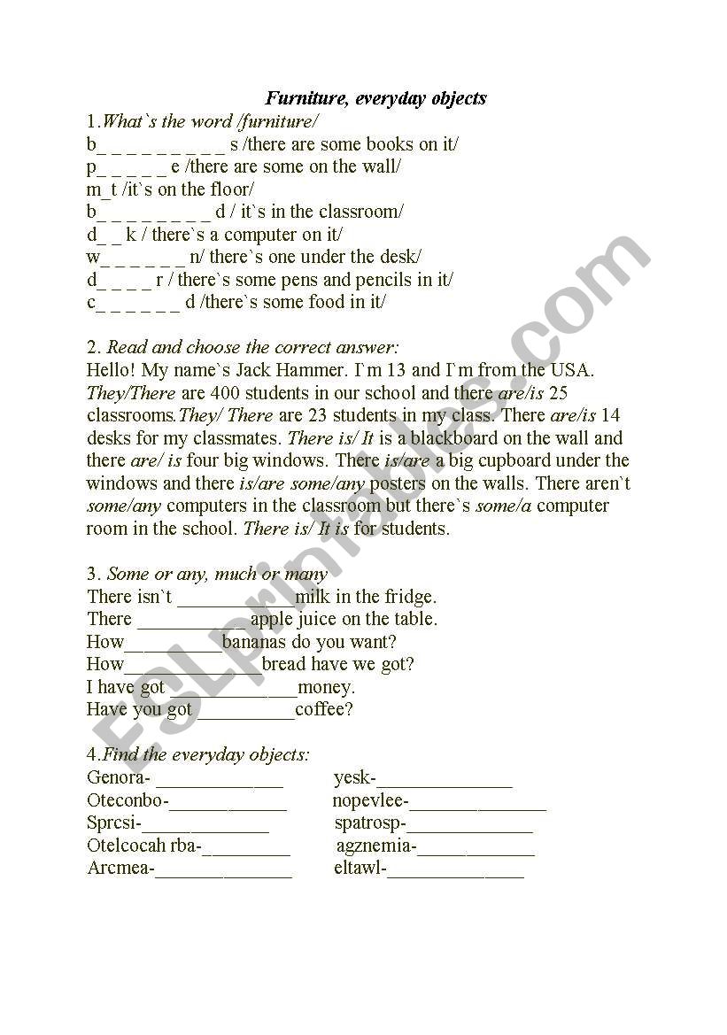 Furniture, everyday objects worksheet