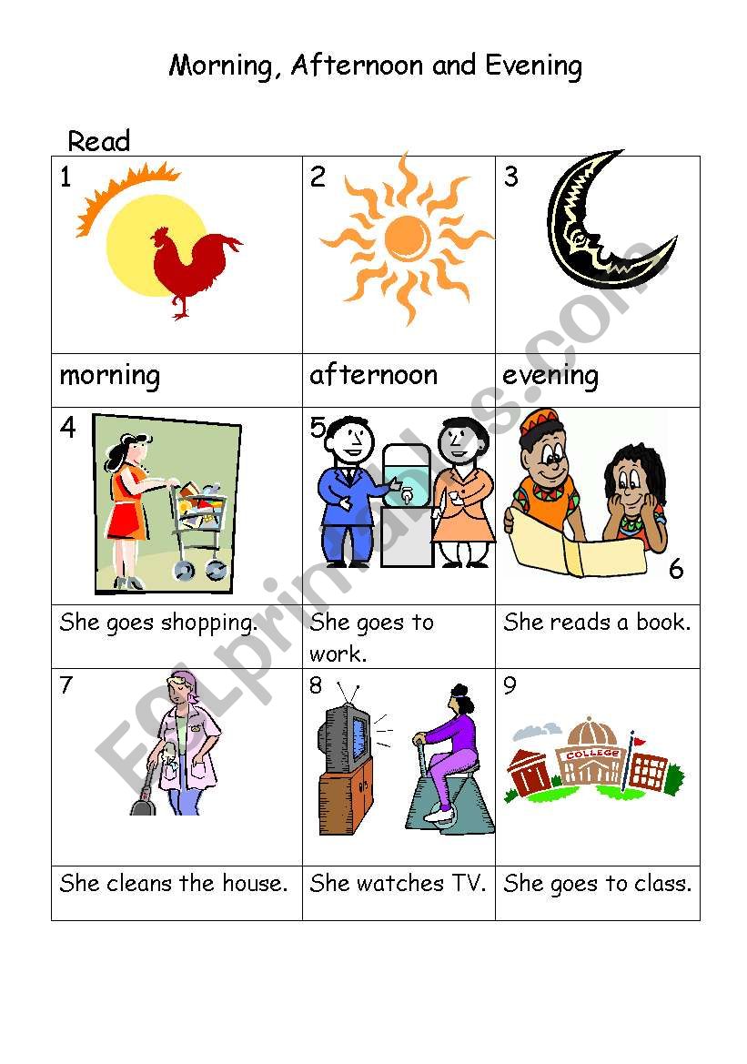 She reads in the evening. Задания на good morning good afternoon good Evening. Задания на in the morning in the afternoon in the Evening. Английский упражнения morning afternoon. Good morning afternoon Worksheet.