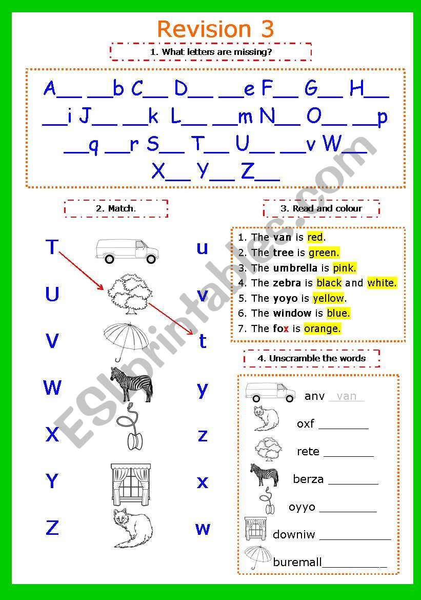 Writing letters. Revision 3. Letters Tt-Zz + colousr (2 pages)