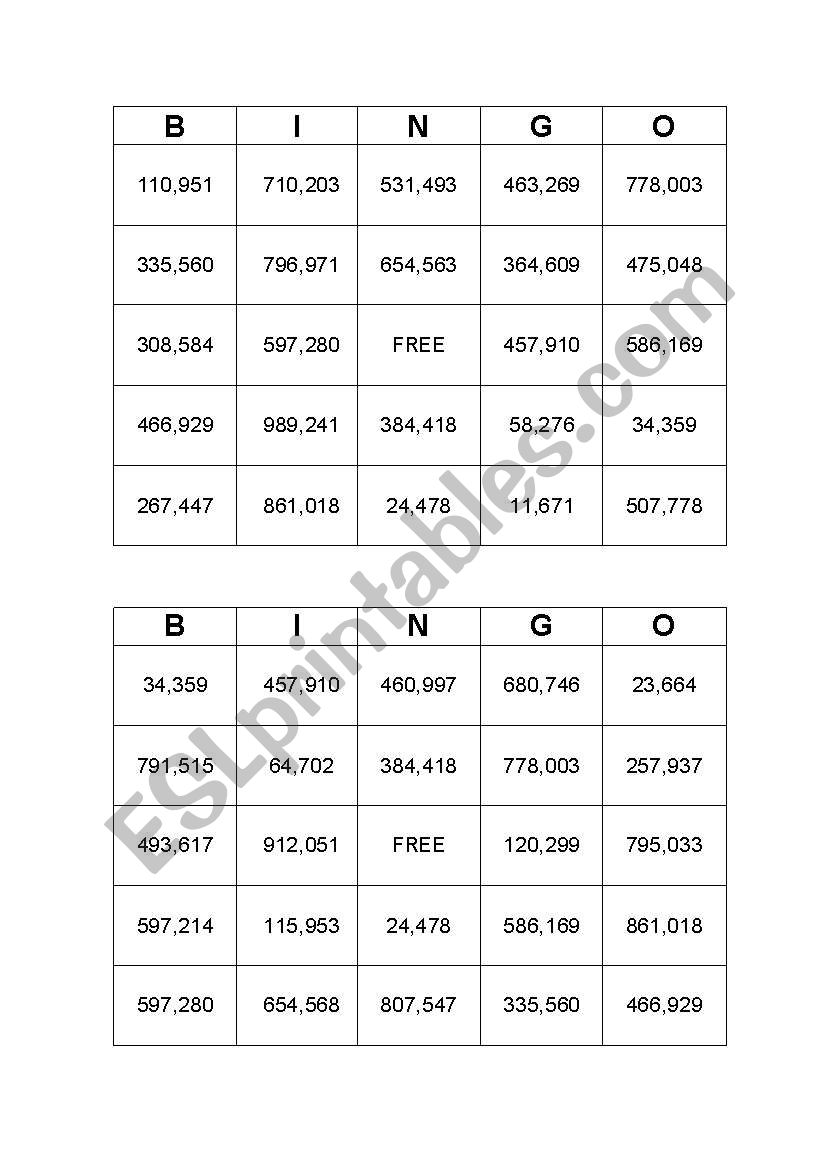 Big Number Bingo - 18 Cards - Set A (With Call List)