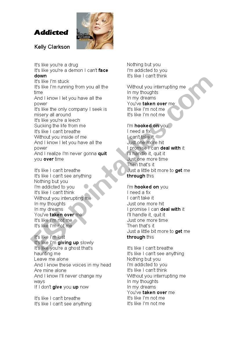 Addicted by kelly Clarkson worksheet