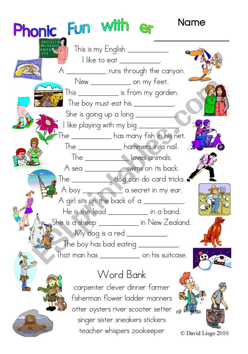 3 pages of Phonic Fun with er: worksheet, story and key (#19)