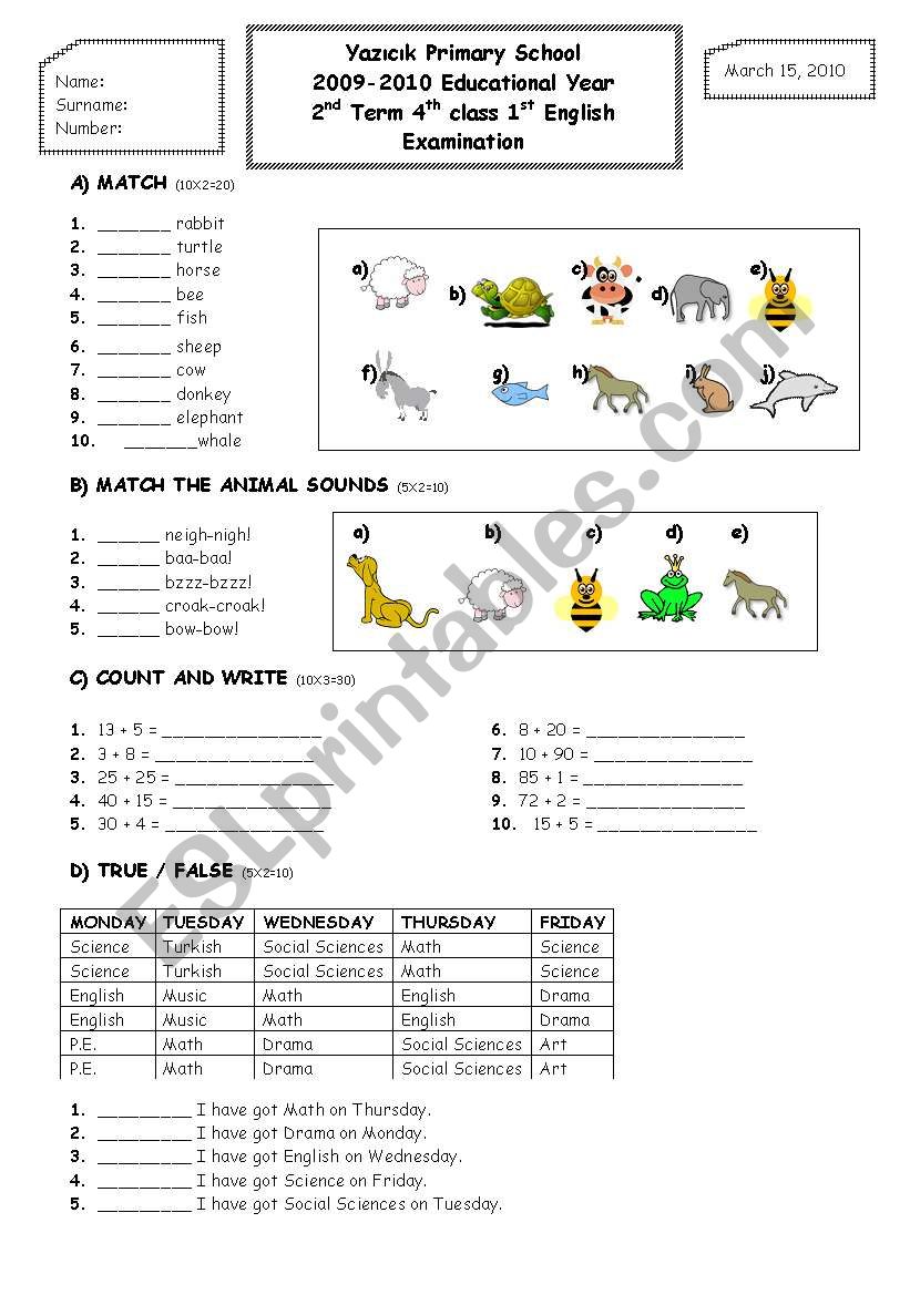 2nd term 4th grade 1st exam paper