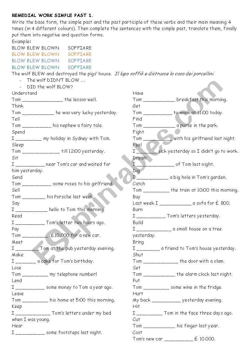 remedial work simple past worksheet