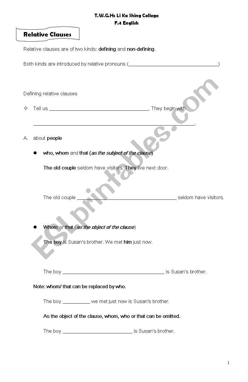 relative clause worksheet