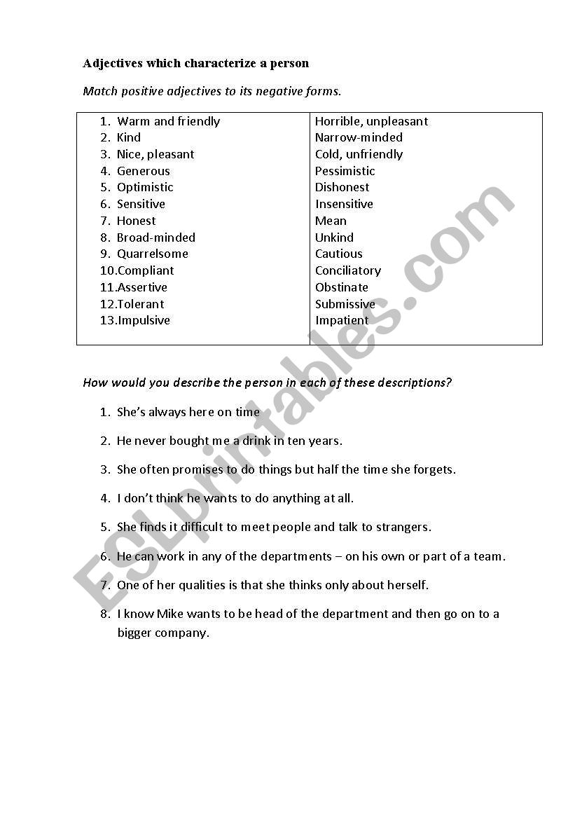 Adjectives which characterize a person and his/her traits